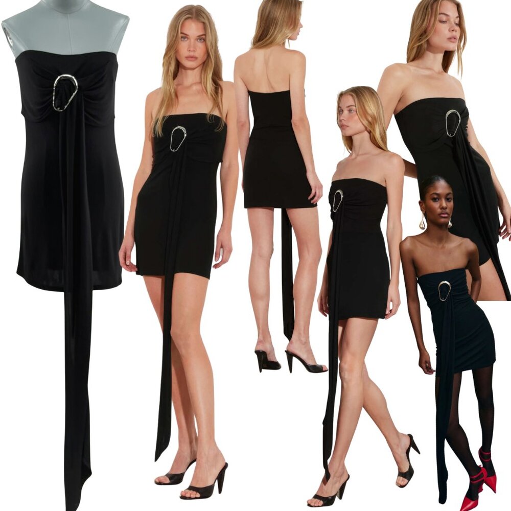 🆕 RAT & BOA 🧿 NWT Selma Little Black Strapless Dress, Buckle Draping - Sz M